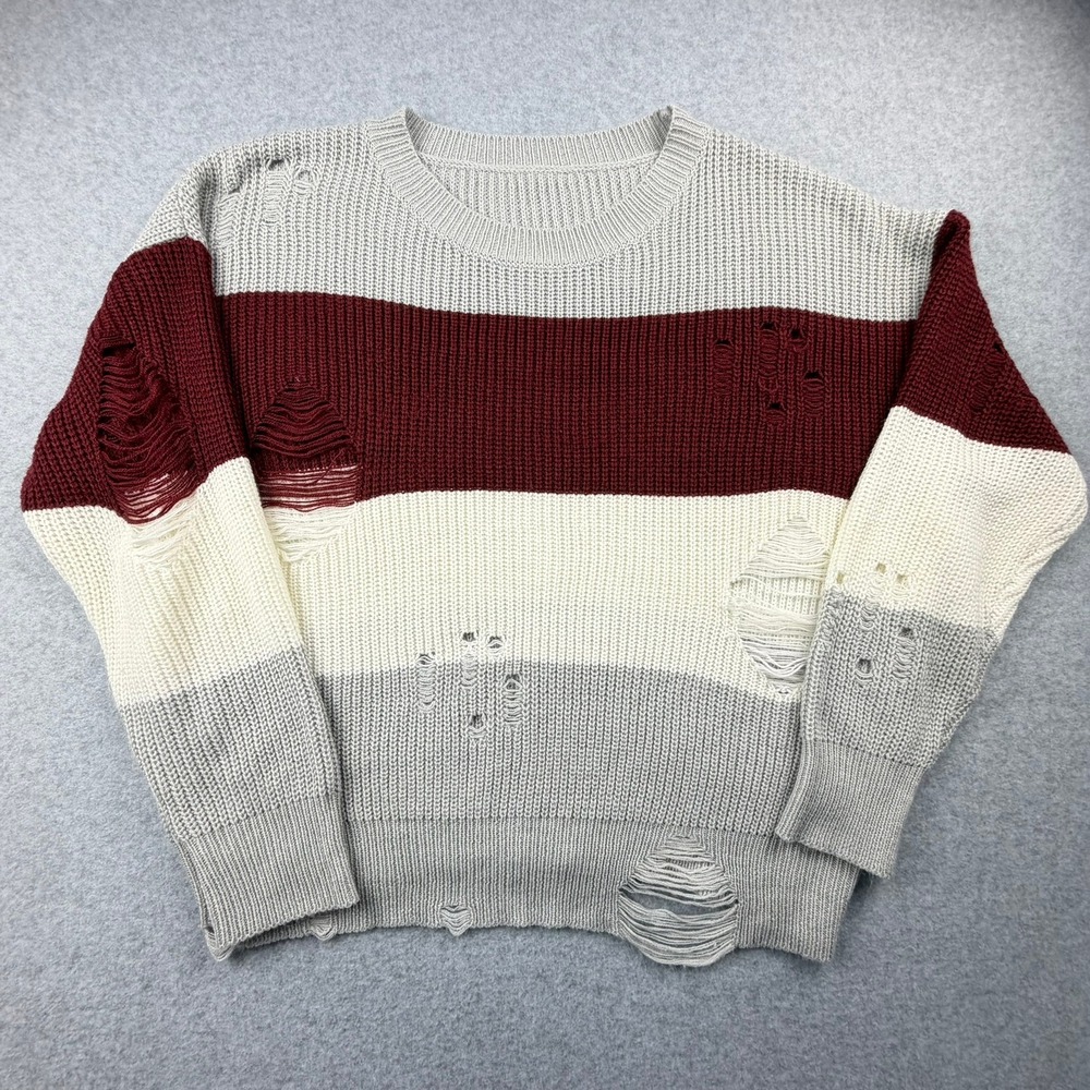 Colorblock Distressed Grunge Sweater Grey Burgundy Cream 1XL
